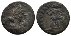 Valentinian III ? (425-455). Æ (12mm, 1.11g). Rome. Pearl-diademed, draped and cuirassed bust r. R/ Victory advancing l., head r., holding trophy over...