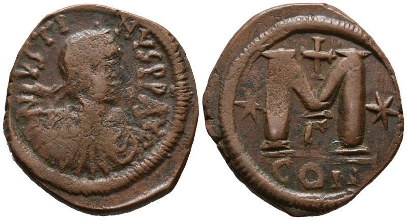 Justin I (518-527). Æ 40 Nummi (33mm, 19.34g). Constantinople. Diademed, draped ...