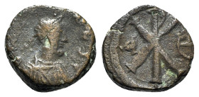 Justin I (518-527). Æ 5 Nummi (13mm, 2.15g, 6h). Constantinople. Diademed, draped and cuirassed bust r. R/ Large Christogram between A and Є. MIBE 32;...