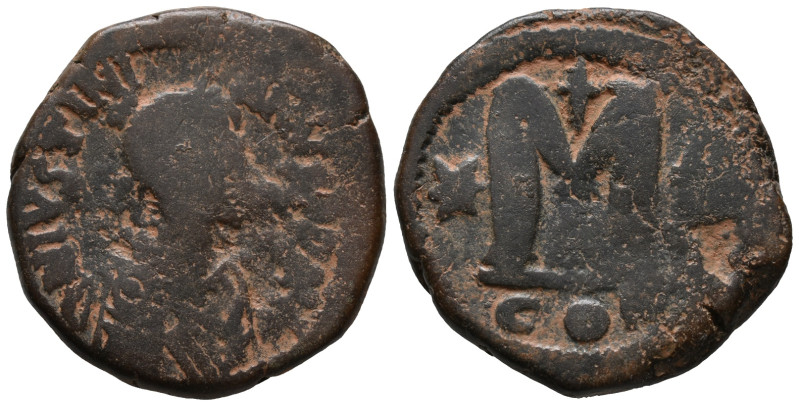 Justinian I (527-565). Æ 40 Nummi (39mm, 16.50g). Constantinople. Diademed, drap...