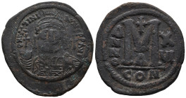 Justinian I (527-565). Æ 40 Nummi (35mm, 21.02g). Constantinople, year 16. Diademed, draped and cuirassed bust r. R/ Large M flanked by two stars; A/C...