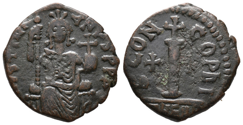 Justinian I (527-565). Æ 10 Nummi (20mm, 4.12g). Antioch. Justinian enthroned fa...