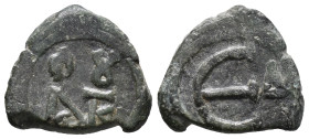 Justin II (565-578). Æ 5 Nummi (14mm, 2.10g). Constantinople. Monogram. R/ Large Є; Δ to r. Sear 363. Near VF