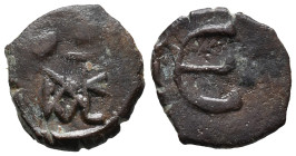 Justin II (565-578). Æ 5 Nummi (15mm, 2.09g). Constantinople. Monogram. R/ Large Є; Γ(?) to r. Cf. Sear 363. Near VF