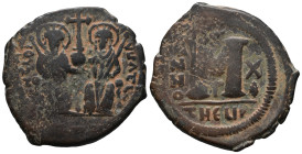 Justin II and Sophia (565-578). Æ 40 Nummi (29mm, 16.90g). Theoupolis (Antioch), year 11. Justin and Sophia enthroned facing, holding globus cruciger ...