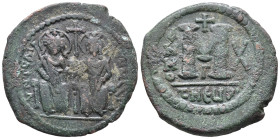 Justin II and Sophia (565-578). Æ 40 Nummi (26mm, 10.86g), Theoupolis (Antioch), year 10 (574/5). Nimbate figures of Justin and Sophia seated facing o...
