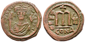 Tiberius II Constantine (578-582). 40 Nummi (29 mm, 13.59 g), Constantinople, dated RY 7 = 580/1. Obv. d m TIb CONSTANT P P AVI Crowned facing bust of...