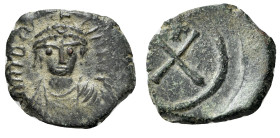 Tiberius II Constantine (578-582). Æ 10 Nummi (19mm, 3.00g). Constantinople, c. 579-582. Crowned, draped and cuirassed bust facing. R/ Large X; cross ...