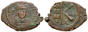 Maurice Tiberius (582-602). Æ 20 Numm or Half Follis (22 mm, 5,84 g), Constantinople, RY 7(?) = 588-589. Obv. D N MAVR TIBER P P AVG.Helmeted and cuir...