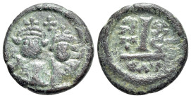 Heraclius (610-641). Æ 10 Nummi (16mm, 3.38g, 6h). Catania, year 16 (625/6). Facing crowned, draped and cuirassed busts of Heraclius and Heraclius Con...