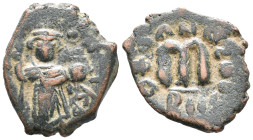 Constans II (641-668). Æ 40 Nummi (19mm, 4.92g). Constantinople, year 2. Constans standing facing, wearing crown and chlamys, and holding long cross a...