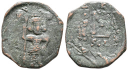 Constans II (641-668). Æ 10 Nummi (22mm, 4.85g). Syracuse, 654-659. Constans, bearded and holding staff, and his son Constantine, beardless and holdin...
