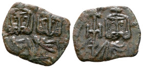 Constantine V Copronymus, with Leo IV, 741-775. Syracuse. Æ Follis or 40 Nummi (17 mm 1,91 g). Obv. Crowned facing busts of Constantine and Leo IV, ea...