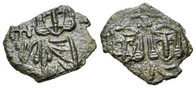 Constantine V with Leo IV (741-775). Æ 40 Nummi (19mm, 2.02g, 6h). Syracuse, 751-775. Crowned facing busts of Constantine and Leo IV, each wearing chl...