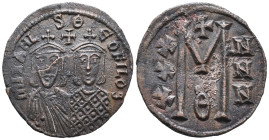 Michael II and Theophilus (821-829). Æ 40 Nummi (28mm, 8.46g). Constantinople. Busts of Michael and Theophilus facing; cross above. R/ Large M; cross ...