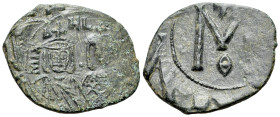 Michael II and Theophilus (820-829). Æ 40 Nummi (26mm, 4.03g, 6h). Syracuse, 821-9. Crowned facing busts of Michael and Theophilus. R/ Large M; cross ...