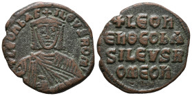Leo VI (886-912). Æ 40 Nummi (23mm, 5.95g). Constantinople. Facing bust, wearing crown and chlamys, holding akakia. R/ Legend in four lines across fie...