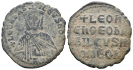 Leo VI (886-912). Æ 40 Nummi (25mm, 6.44g). Constantinople. Facing bust, wearing crown and chlamys, holding akakia. R/ Legend in four lines across fie...