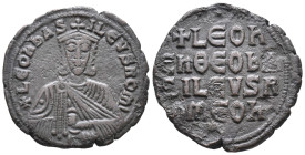 Leo VI (886-912). Æ 40 Nummi (24mm, 6.12g). Constantinople. Crowned facing bust, holding akakia. R/ Legend in four lines. DOC 8; Sear 1729. VF