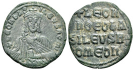 Leo VI (886-912). Æ 40 Nummi (25mm, 7.19g, 6h). Constantinople. Facing bust, wearing crown and chlamys, holding akakia. R/ Legend in four lines across...