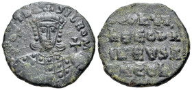 Constantine VII and Romanus I (913-959). Æ 40 Nummi (25mm, 7.97g, 6h). Constantinople, 945-950. Crowned facing bust of Romanus I, wearing loros, holdi...