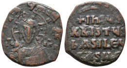 Anonymous, time of John I (969-976). Æ 40 Nummi (24mm, 5.41g). Constantinople. Facing bust of Christ Pantokrator. R/ Legend in four lines. DOC A1; Sea...