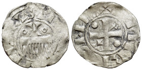 France, Provins et Sens. Thibaut II (1125-1152). BI Denier (18mm, 0.89g, 7h). Cross pattée; pellet in first and fourth quarters; ω in third quarter an...