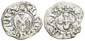 France, Valence. Anonymous Bishops (1157-1276 AD) AR Denier (17mm, 0.63g, 12h). Cross with globular ends, annulet in one angle. R/Double-headed eagle....