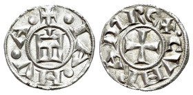 Italy, Genoa, Republic (1139-1339). AR Denaro (15mm, 0.82g, 2h). IANVA, Castle. R/ CVNRADVS REX, patent cross. CNI 1/69; MIR 16.