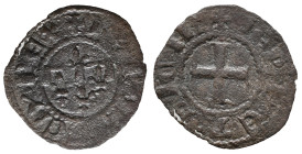 Italy, Napoli. Carlo II d'Angiò (1285-1309). BI Denaro Gherardino (14mm, 0.38g). Four fleur-de-lis. R/ Cross. P.R.5.; MIR 26. VF