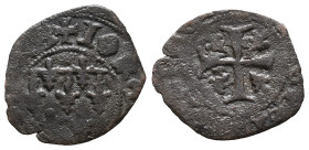 Italy, Napoli. Giovanna I d'Angiò (1343-1382). BI Denaro (13mm, 0.55g). Seven fleur-de-lis. R/ Cross, fleur-de-lis. P.R.3.; MIR 36. Near VF