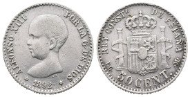 Spain, Alfonso XIII (1886-1931), 50 Centimos 1892 (18mm, 2.50g). VF
