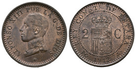 Spain, Alfonso XIII (1886-1931), 2 Centimos 1912 (20mm, 2.10g). VF