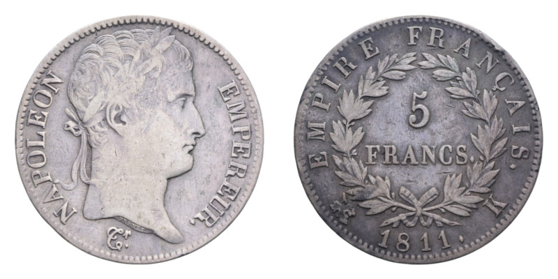 FRANCIA NAPOLEONE IMPERATORE 5 FRANCS 1811 K AG. 24,63 GR. BB+