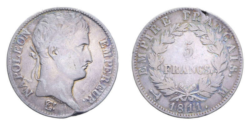 FRANCIA NAPOLEONE IMPERATORE 5 FRANCS 1811 M AG. 24,76 GR. qBB