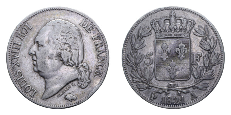 FRANCIA LUIGI XVIII 5 FRANCS 1821 A AG. 24,73 GR. BB+