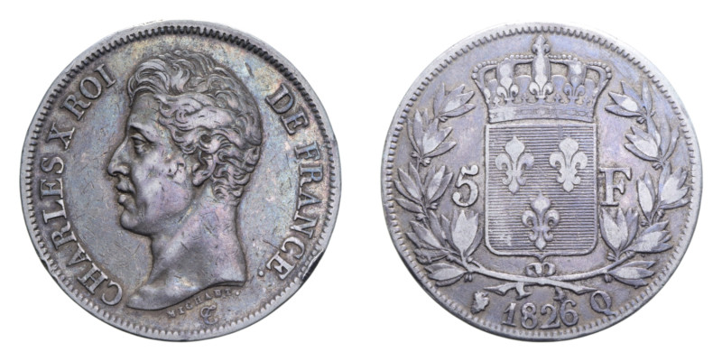 FRANCIA CHARLES X 5 FRANCS 1826 Q AG. 24,80 GR. BB+