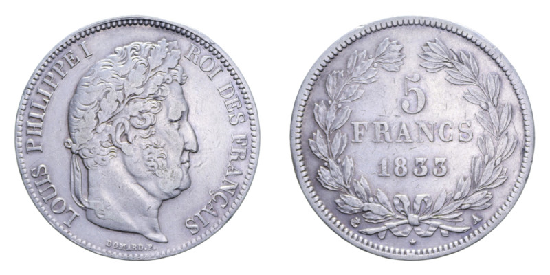 FRANCA LUIGI FILIPPO I 5 FRANCS 1833 A AG. 25 GR. BB+