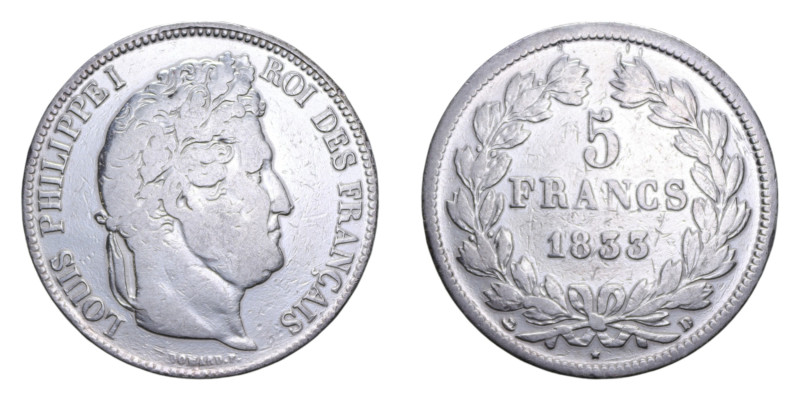 FRANCA LUIGI FILIPPO I 5 FRANCS 1833 D AG. 24,62 GR. qBB