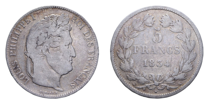 FRANCA LUIGI FILIPPO I 5 FRANCS 1834 K AG. 24,71 GR. MB-BB