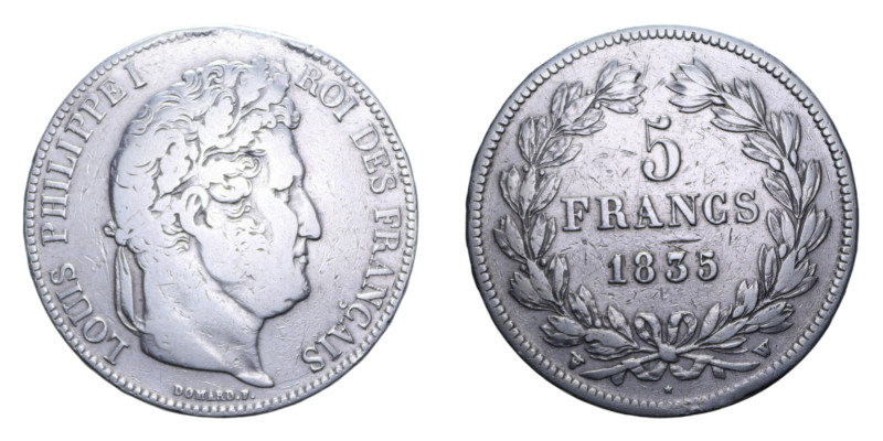 FRANCA LUIGI FILIPPO I 5 FRANCS 1835 W AG. 24,68 GR. qBB/BB (LUCIDATA)