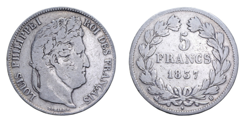 FRANCA LUIGI FILIPPO I 5 FRANCS 1837 B AG. 24,59 GR. BB/qBB
