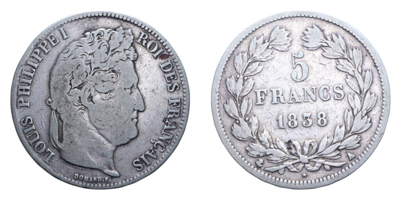 FRANCA LUIGI FILIPPO I 5 FRANCS 1838 A AG. 24,68 GR. qBB/BB