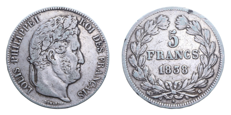 FRANCA LUIGI FILIPPO I 5 FRANCS 1838 B AG. 24,85 GR. BB