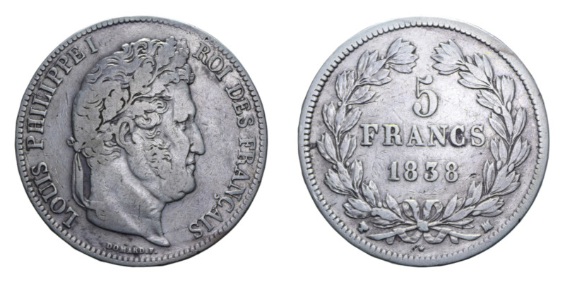 FRANCA LUIGI FILIPPO I 5 FRANCS 1838 MA AG. 24,67 GR. BB