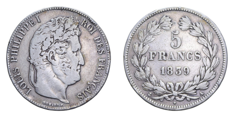 FRANCA LUIGI FILIPPO I 5 FRANCS 1839 A AG. 24,58 GR. BB