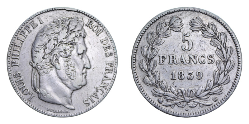 FRANCA LUIGI FILIPPO I 5 FRANCS 1839 BB AG. 24,99 GR. BB