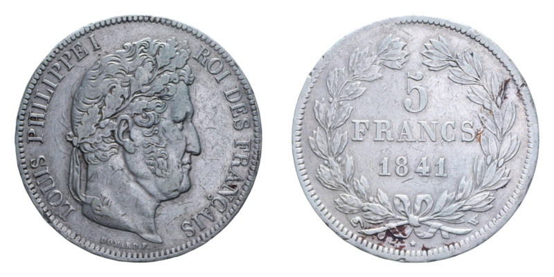 FRANCA LUIGI FILIPPO I 5 FRANCS 1841 W AG. 24,61 GR. BB+