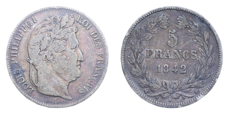 FRANCA LUIGI FILIPPO I 5 FRANCS 1842 BB AG. 24,79 GR. qBB/BB