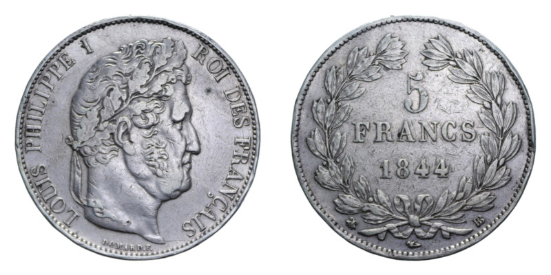 FRANCA LUIGI FILIPPO I 5 FRANCS 1844 BB AG. 24,88 GR. BB+ (COLPO)